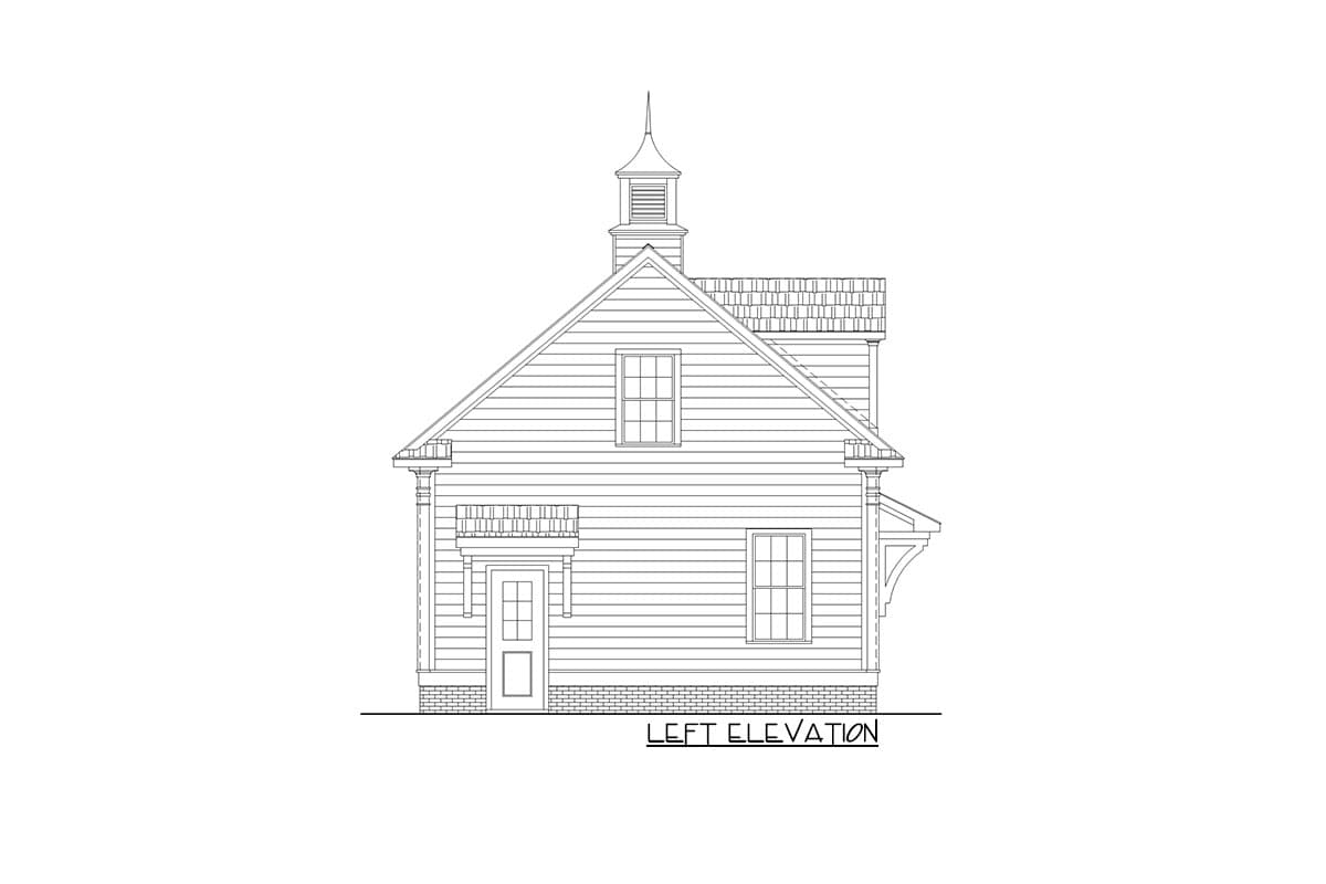 Left elevation house plan with gabled roof, cupola, porch, and two windows.