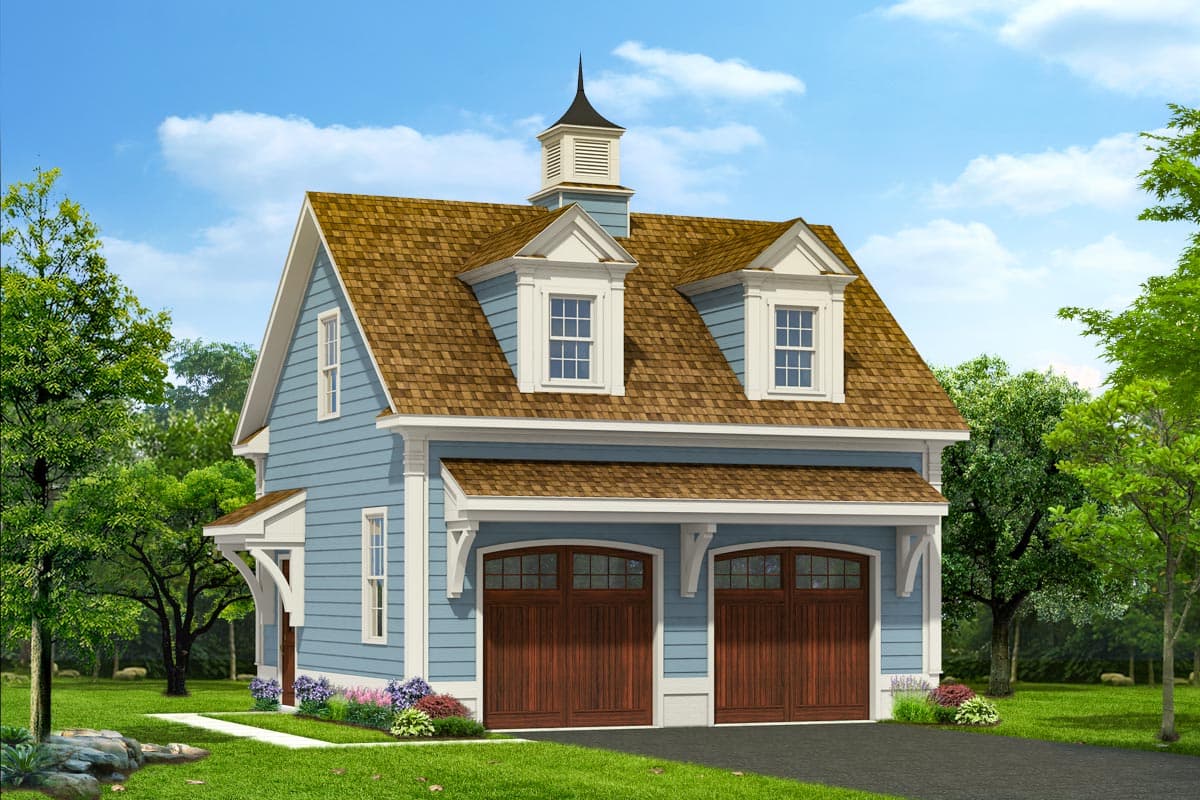 House plan exterior with two-story design, dormers, a cupola, and a two-car garage. Gable roof and exposed rafter tails are visible.