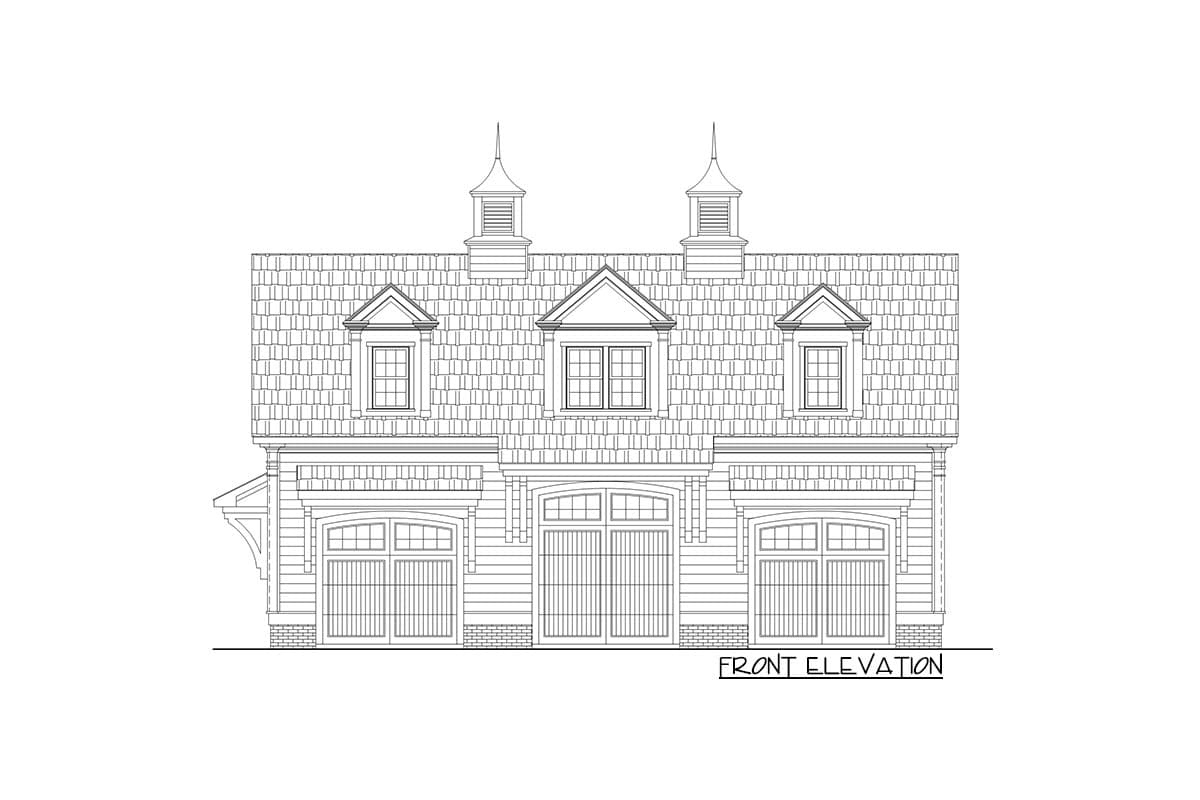 Front elevation drawing of a house plan featuring three garage doors, dormer windows, and cupolas.