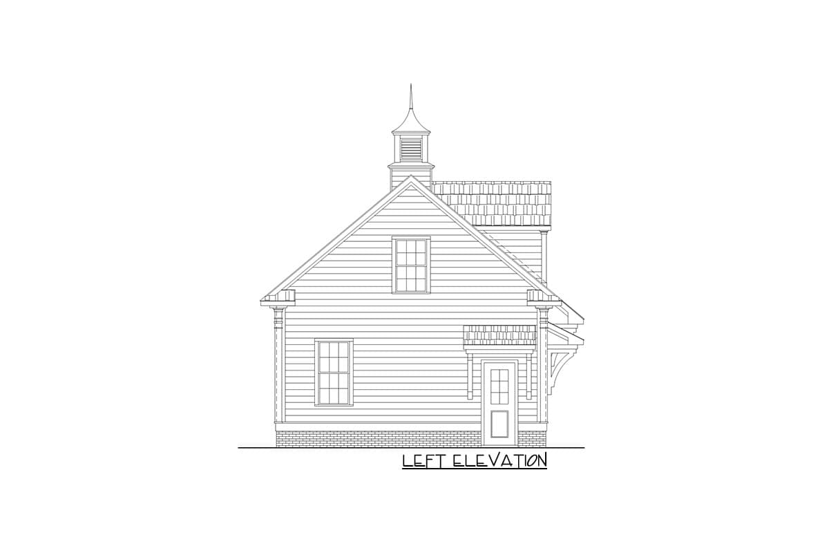 Left elevation drawing of a house plan featuring horizontal siding, gables, and a cupola.