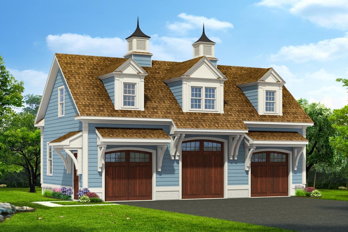 House plan exterior with Craftsman-style details. Features include a three-car garage, dormers, and gabled roof with cupola accents.