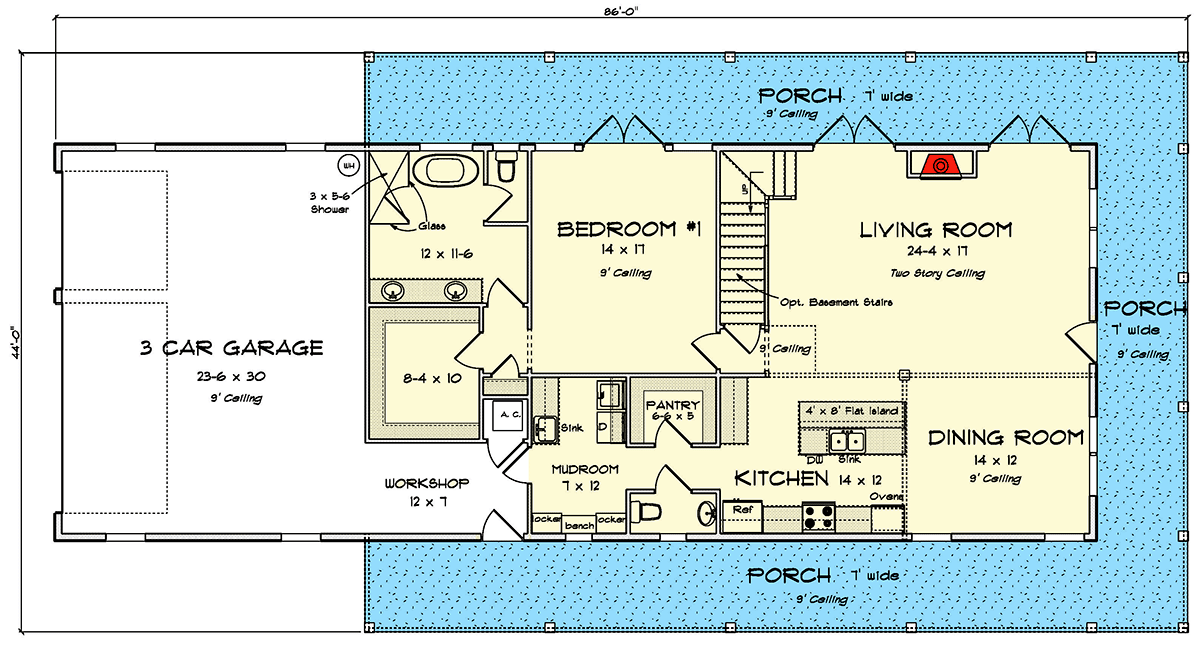 Plan 52324WM: 4 Bed Barndominium-Style House Plan with Wrap-Around Porch and Game Room - 2761 Sq Ft - Floor Plan - Main Level - Barndominium, Country, Craftsman, Rustic