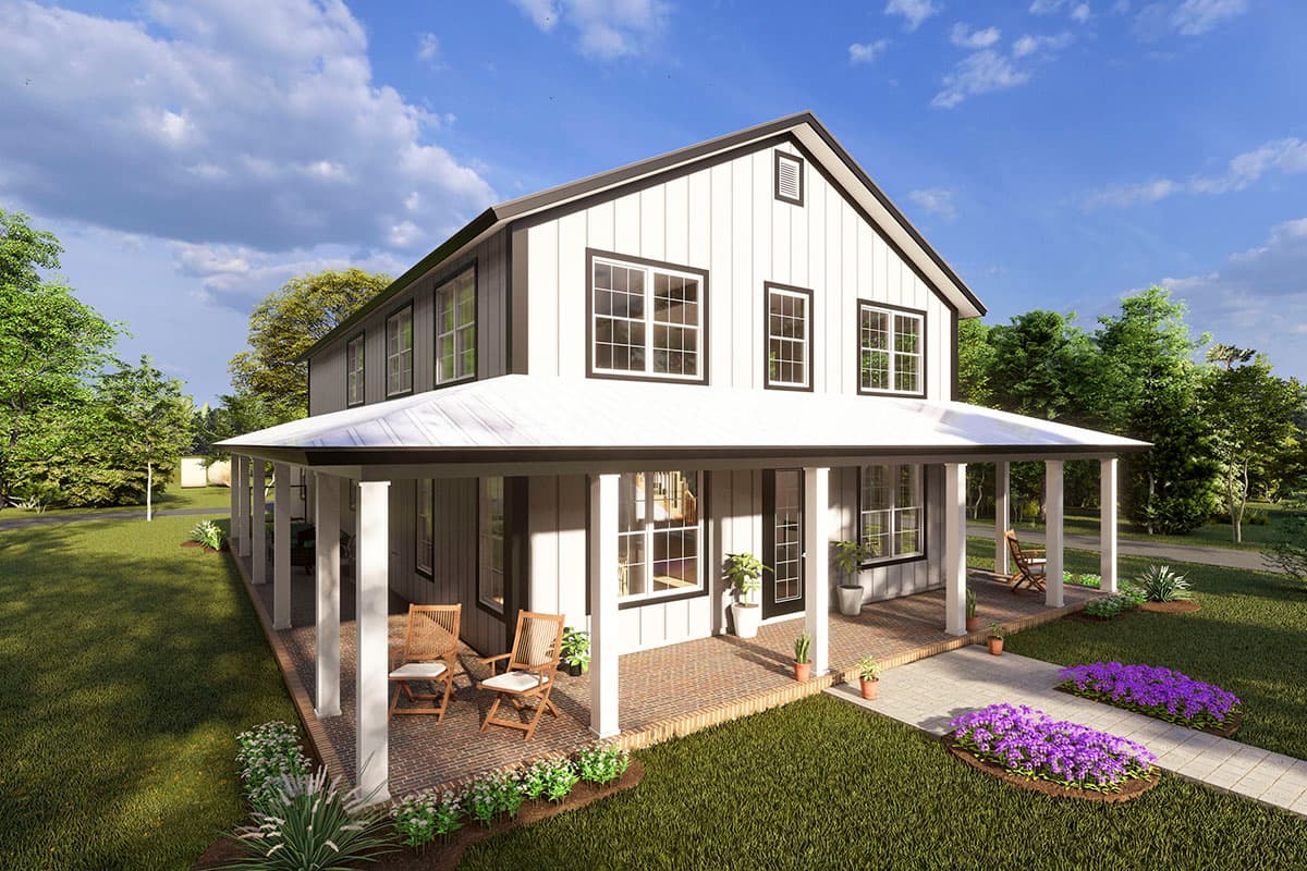 Modern farmhouse style house plan exterior, two stories, with a wraparound porch, board and batten siding, and a gabled roof.