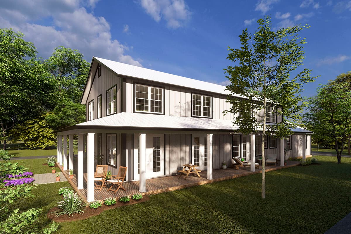 Modern farmhouse house plan exterior, two stories, with a wraparound porch, vertical siding, and gabled roof.