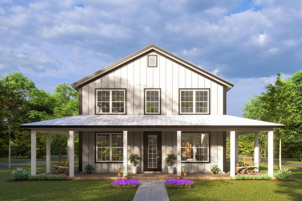 House plan exterior. Two-story Modern Farmhouse with a gabled roof, a wraparound porch, and vertical siding.  Windows have black trim.