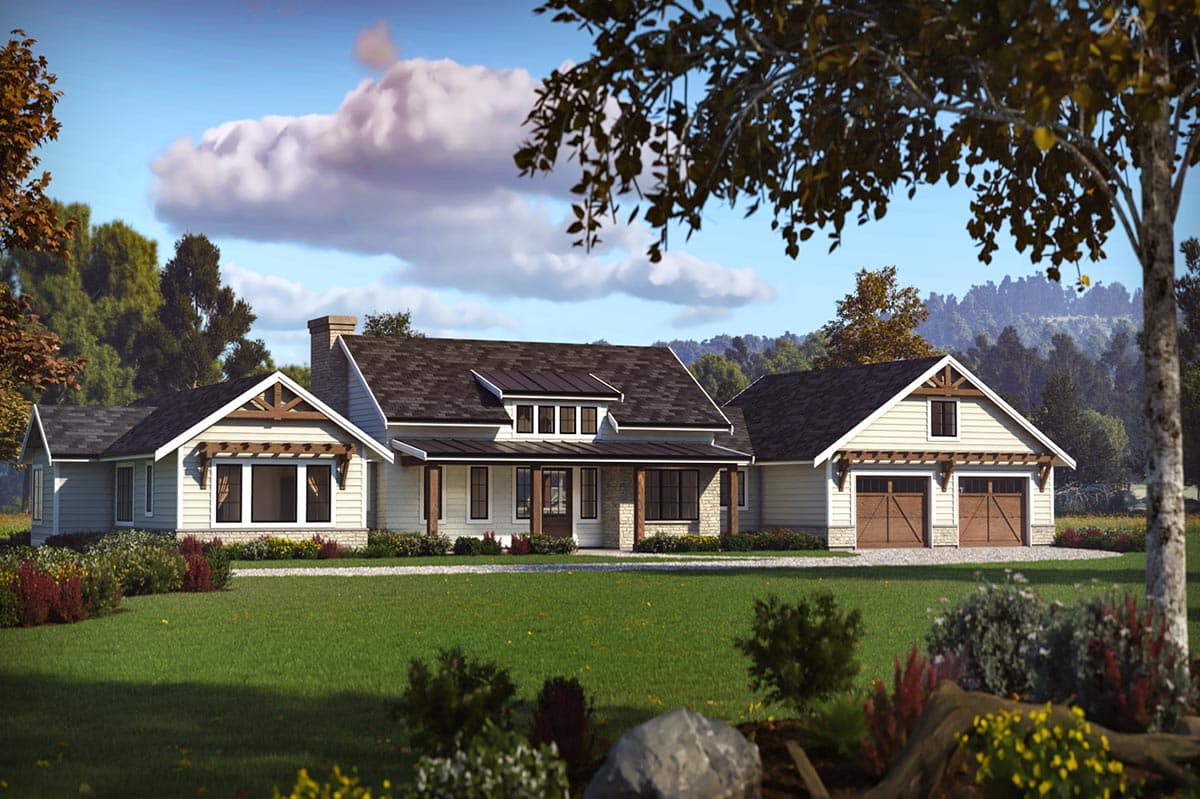 House plan exterior. A single-story, Craftsman-style home featuring gables, a covered porch, and a detached garage with two bays.