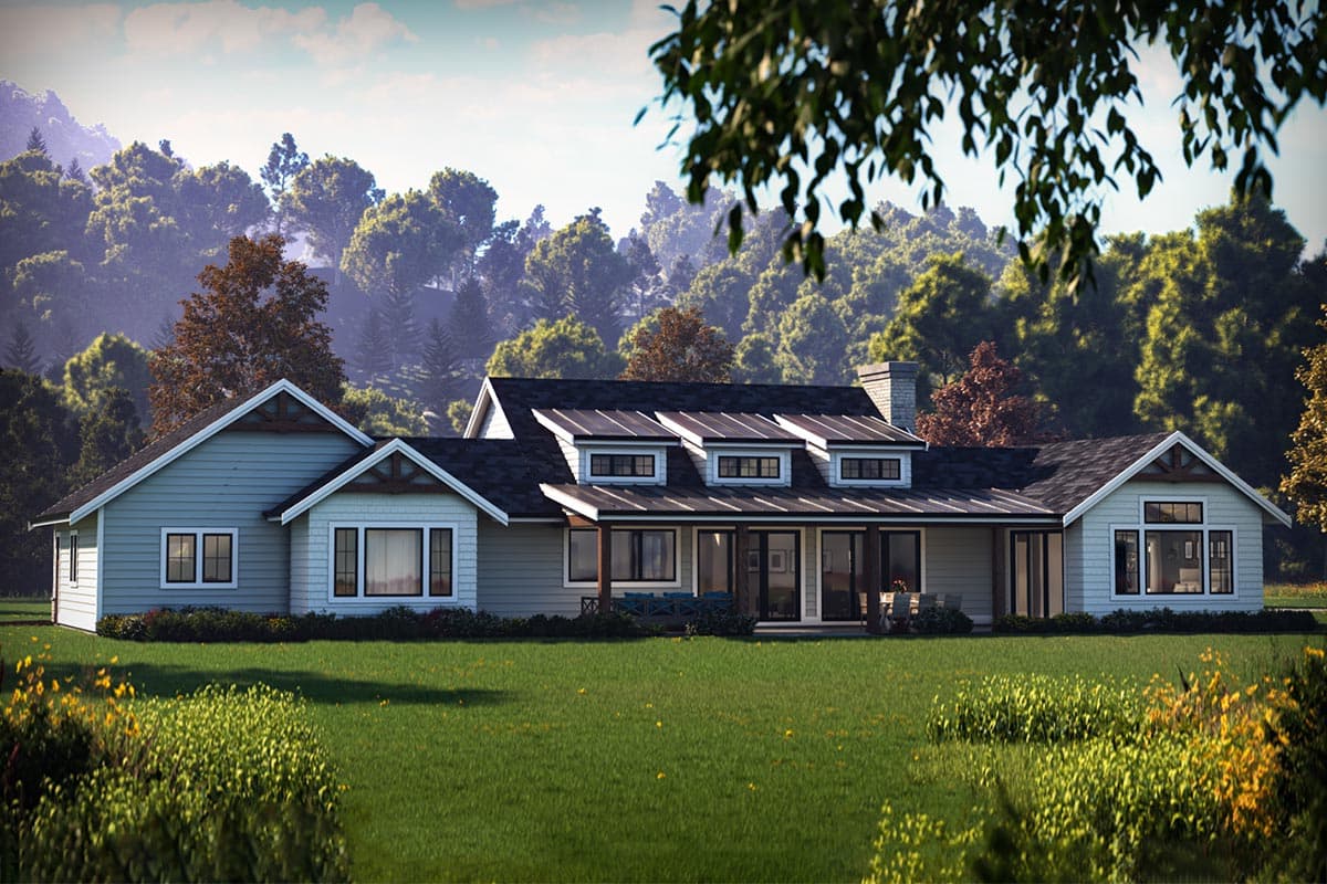 House plan exterior: Ranch style, single story, with gables, dormers, and a covered porch.