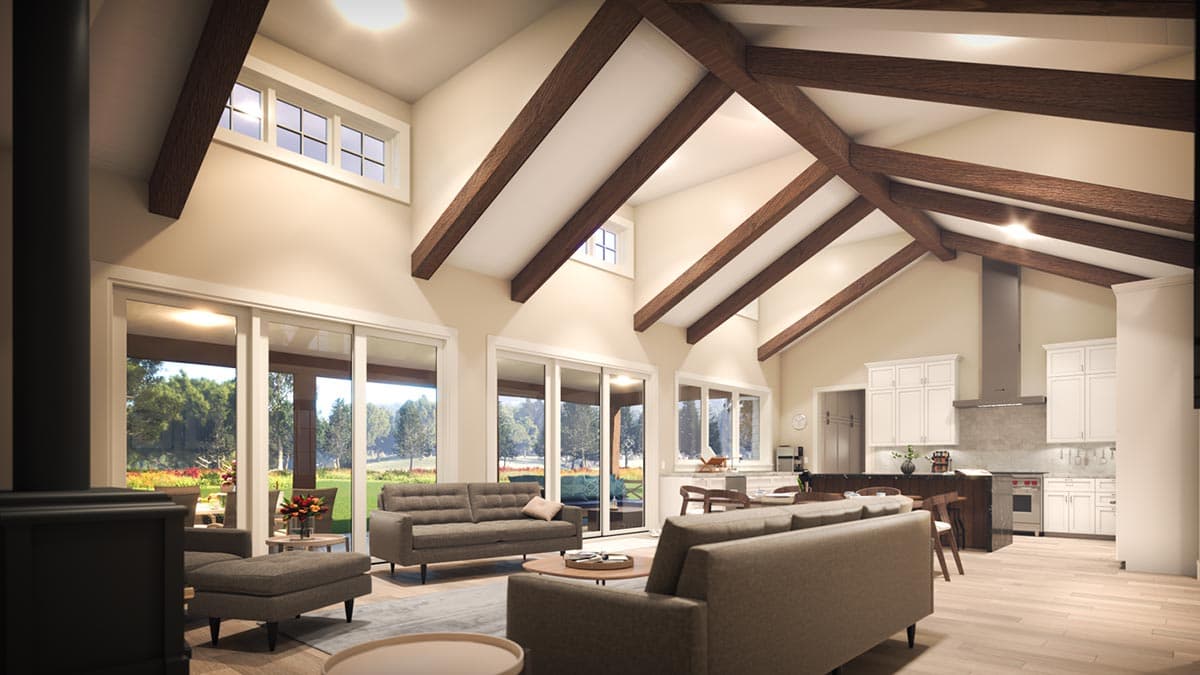 Great room and kitchen interior rendering with vaulted wood-beamed ceiling, fireplace, and large windows.