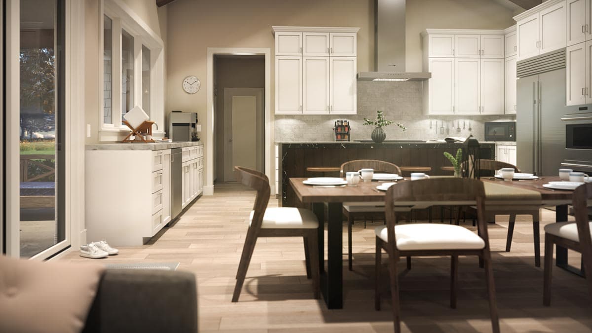 Interior rendering of a kitchen and dining area with white cabinets, a dark island, and a dining table set for four.