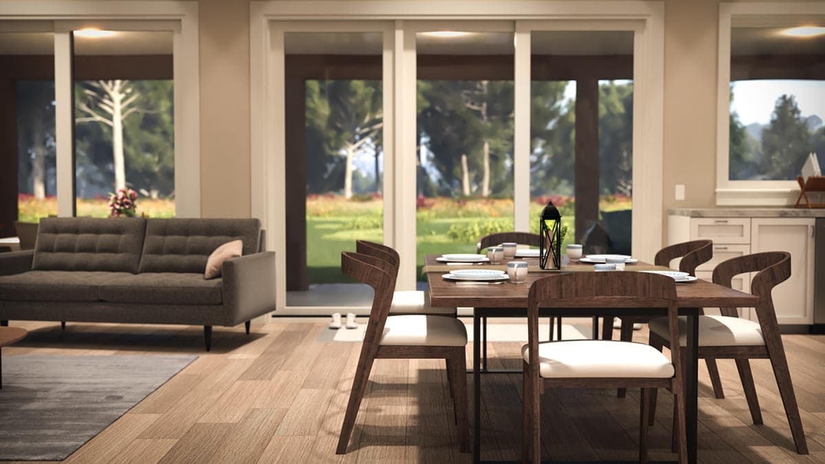 Dining and living area rendering with large windows, dining table with chairs, and sofa.