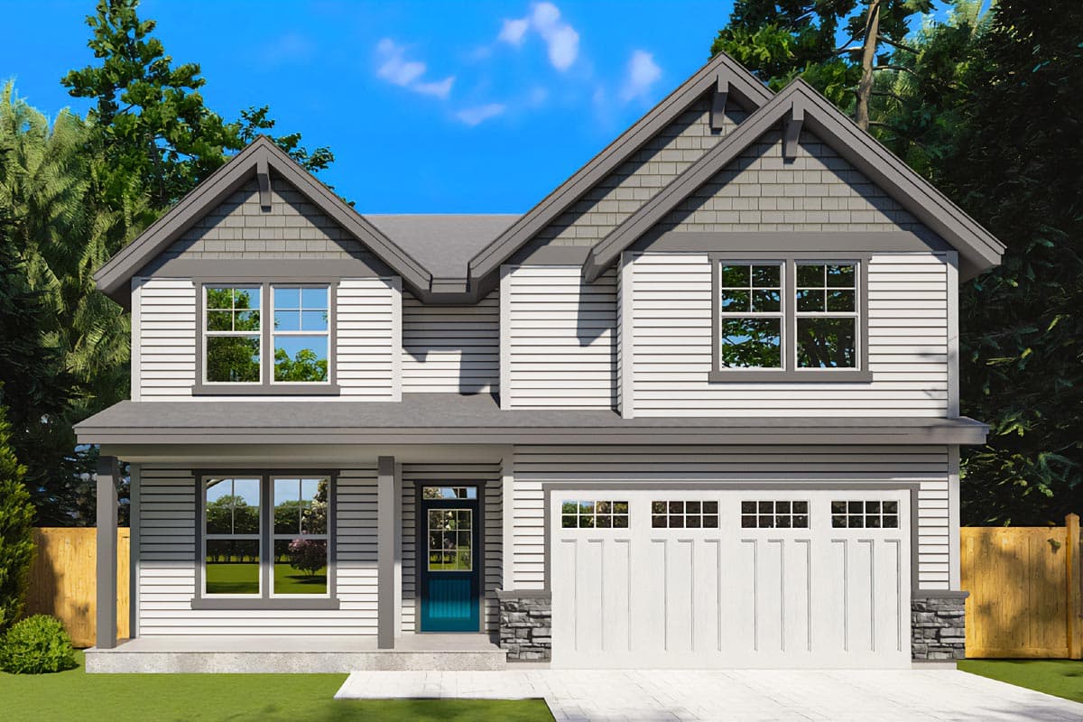 House plan exterior. Two-story with a gabled roof, front porch, and garage. Features include craftsman-style gables and shake siding accents.