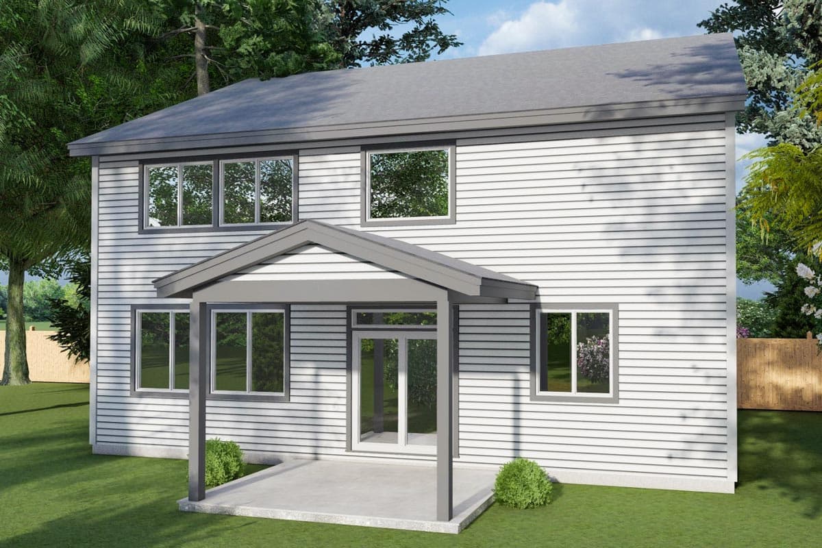 Two-story house plan exterior with a gable-roofed entry porch, horizontal siding, and numerous windows.