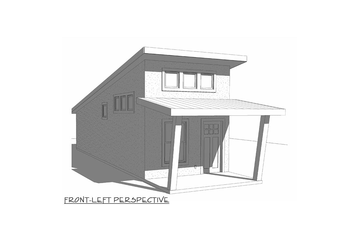 Modern house plan exterior, two stories, flat roof, covered porch with angled supports, and multiple windows.