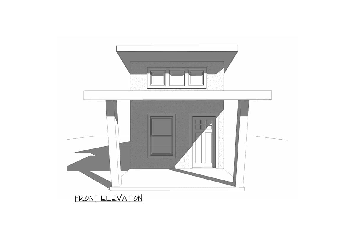 Front elevation drawing of a modern house plan featuring a covered porch with angled supports, a single entry door, and three upper-level windows.