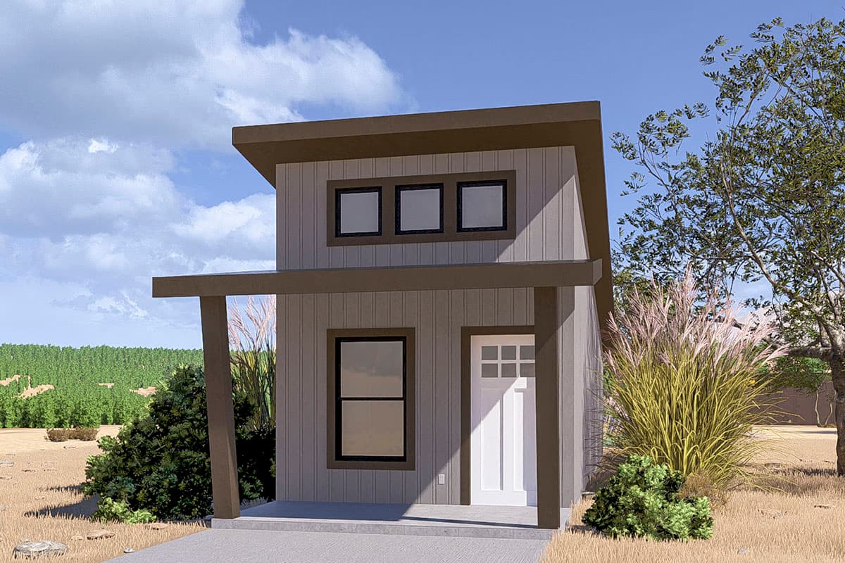 House plan exterior. Modern style, two-story structure with a flat roof, cantilevered porch, and a series of three upper windows.