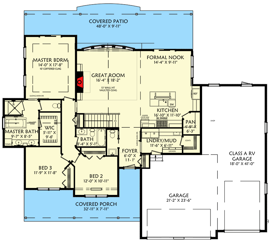 Plan 703003TYL: New American Country Home Plan with RV Garage - Floor Plan - Main Level - Country, Modern Farmhouse, Traditional
