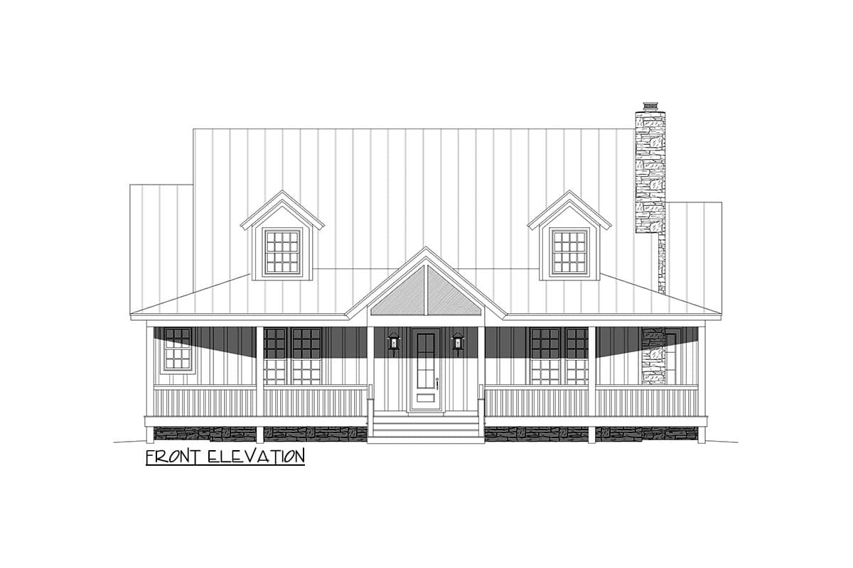 Front elevation house plan featuring a wrap-around porch, metal roof, dormers, and stone chimney.