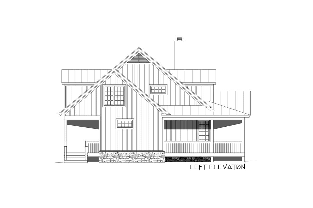 Left elevation drawing of a house plan with a gabled roof, porch, stone foundation, and various windows.