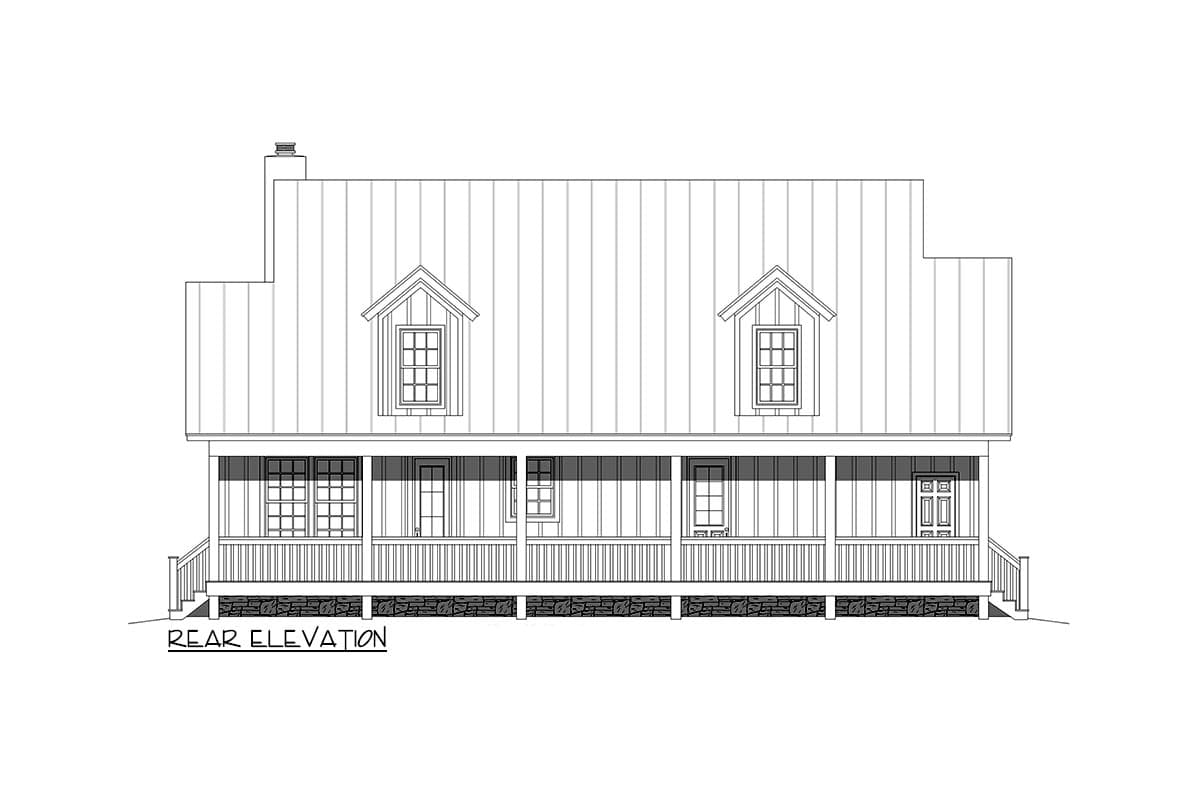 Rear elevation of a house plan featuring a metal roof, two dormers, a full-width porch, and stone foundation.