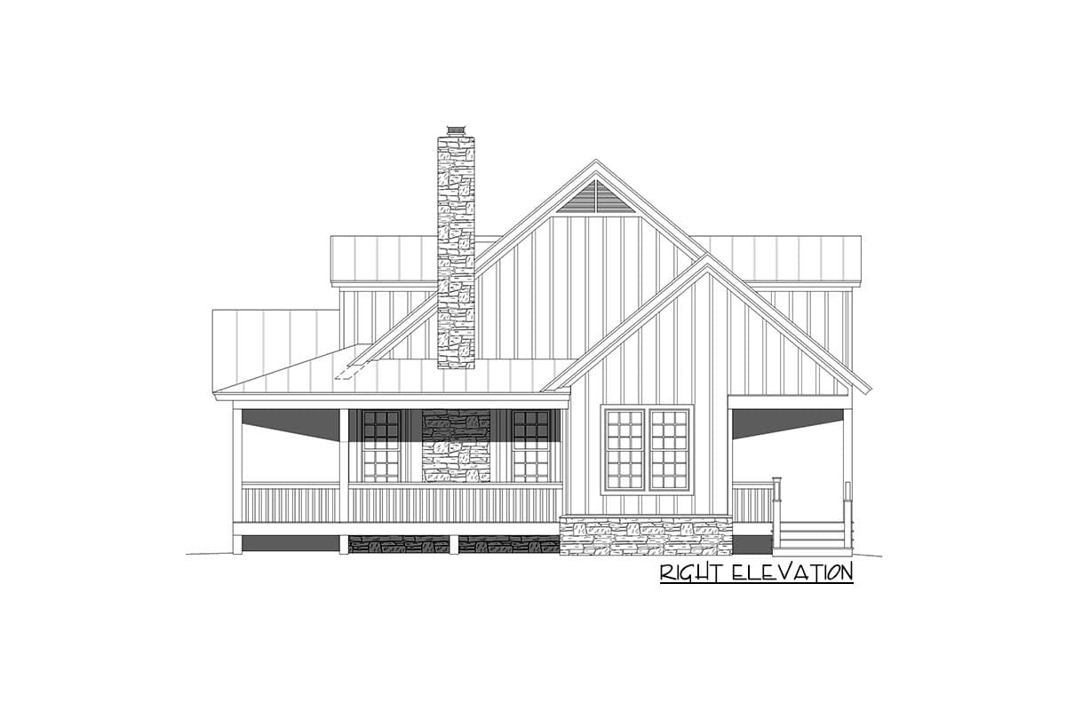 Right elevation house plan with stone chimney, gabled dormer, and covered porch.