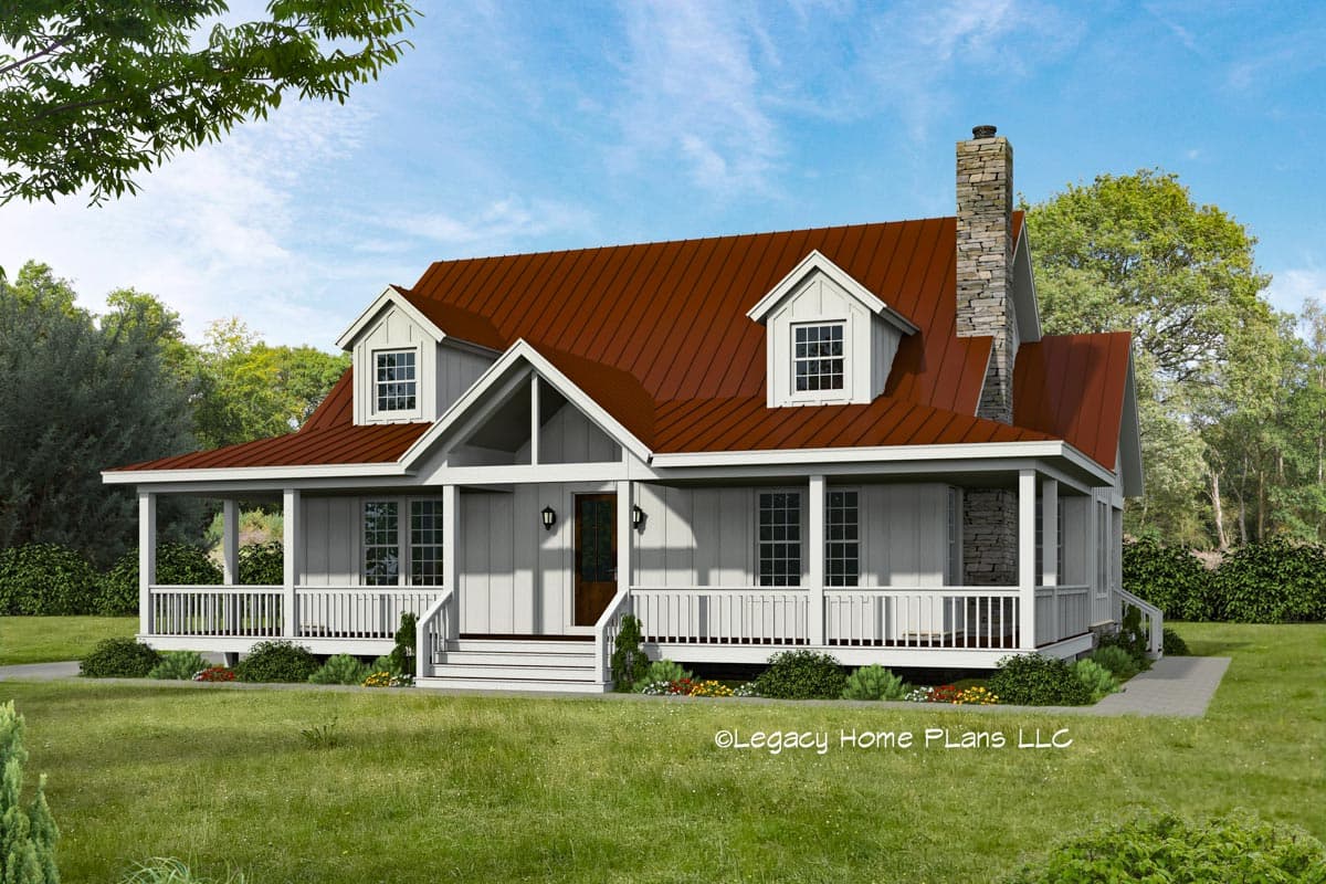 House plan exterior. Two-story farmhouse style with a wraparound porch, two dormers, and a gabled roof with a brick chimney.