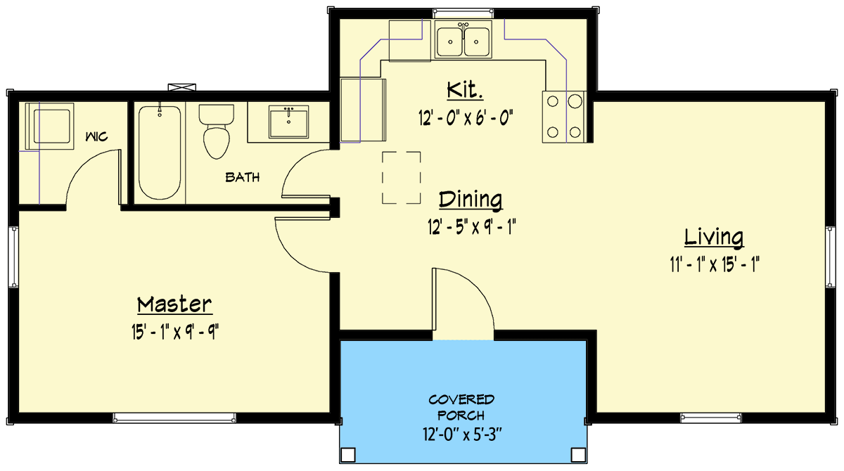 Plan 910088WHD: Transitional-Style Tiny Home Plan with 644 Square Feet of Living Space - Floor Plan - Main Level - Cottage, Ranch, Transitional