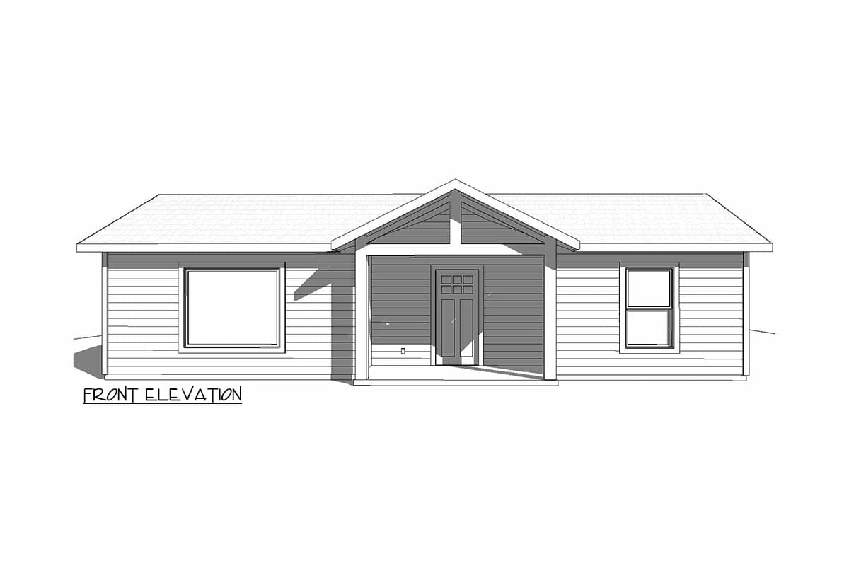 Front elevation drawing of a single-story house with a covered front porch, gabled roof, and horizontal siding.