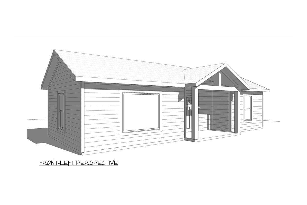 Ranch house plan exterior, front-left perspective, showing single story, gabled roofline, and covered porch.