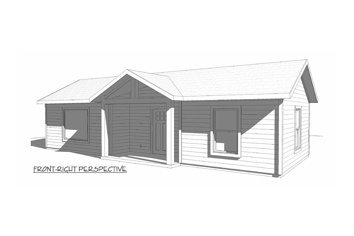 House plan exterior, single-story home with covered front porch, gabled roofline, and horizontal siding.