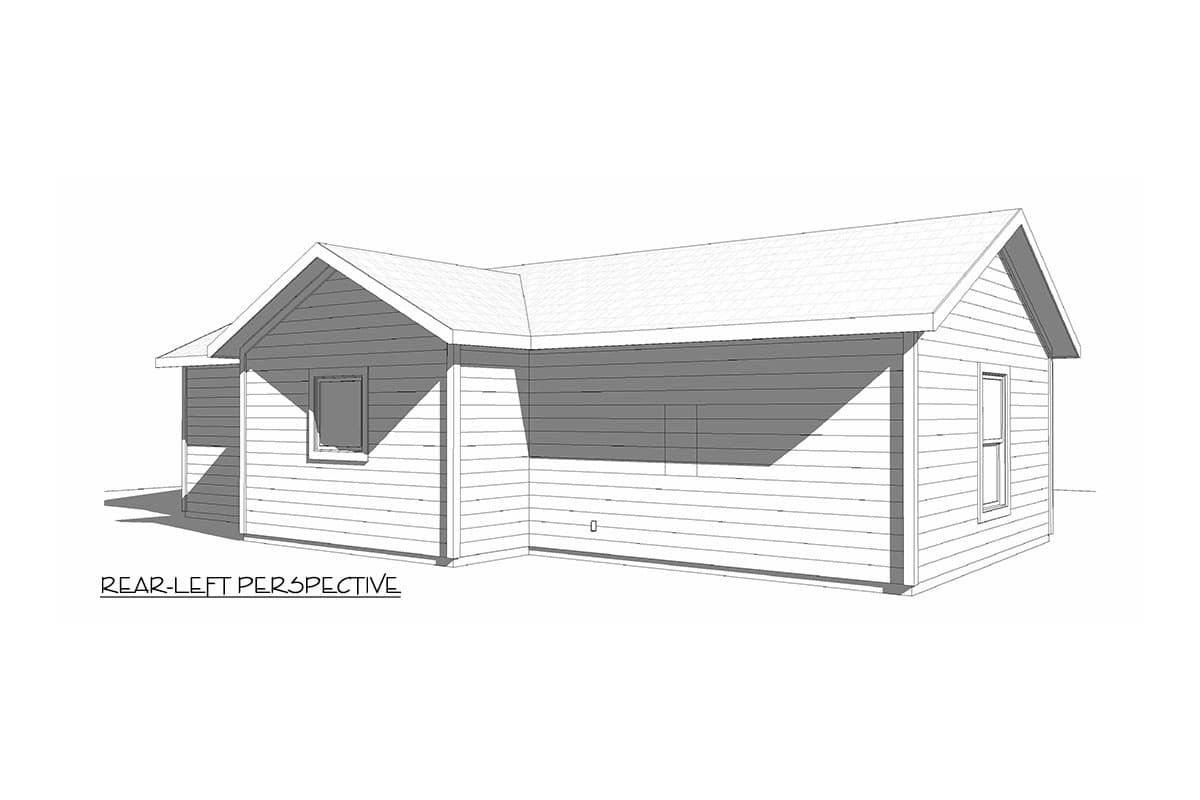 House plan exterior, single-story, pitched roof, gabled end, and clapboard siding, rear-left perspective.