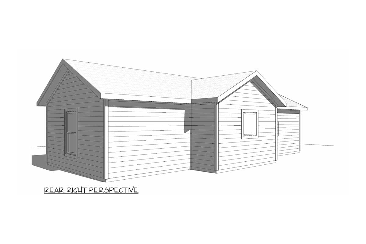 House plan exterior, one story, with gabled rooflines, horizontal siding, and a garage door.