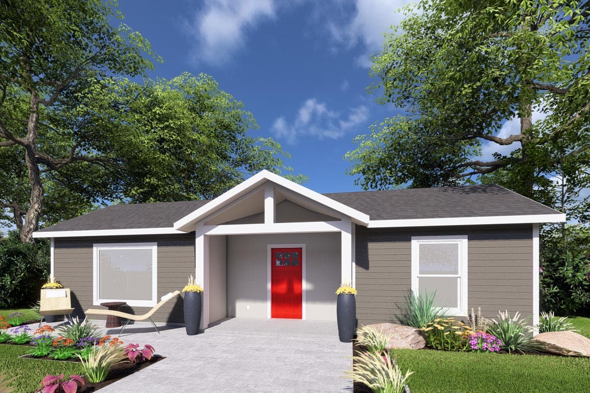 House plan exterior. Single-story, modern-style home with a gabled porch entry, dark siding, and multiple windows.