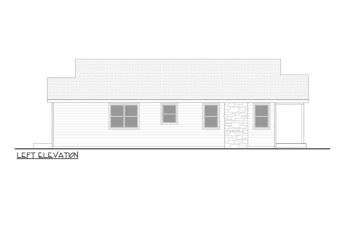 Left elevation drawing of a single-story house plan with horizontal siding, three windows, stone accent, and a porch.