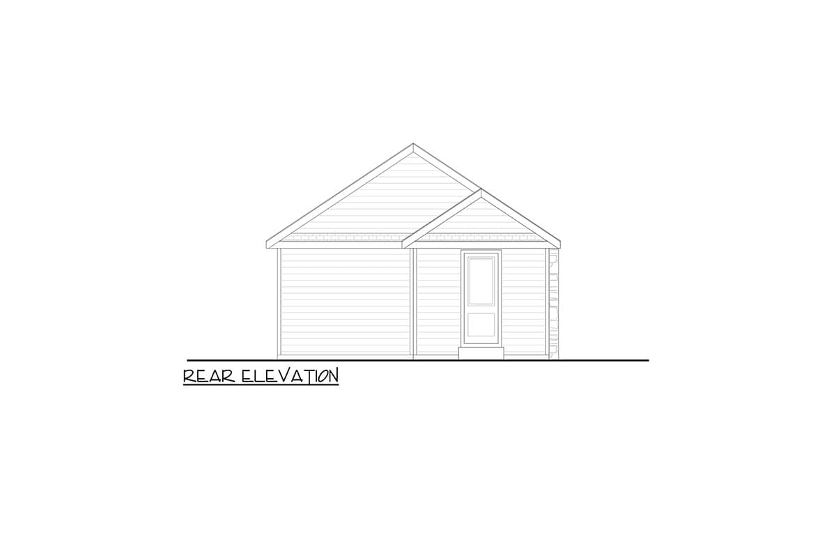 Rear elevation drawing of a one-story house with a gabled roof, siding, and a single door.