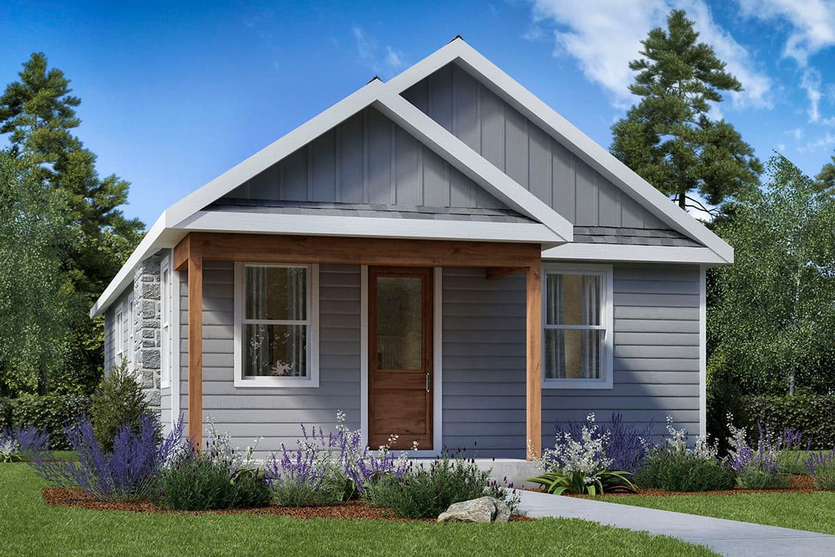 House plan exterior. One-story Cottage style with front-facing gables, wood-framed entry porch, and lap siding. Features a wooden front door.