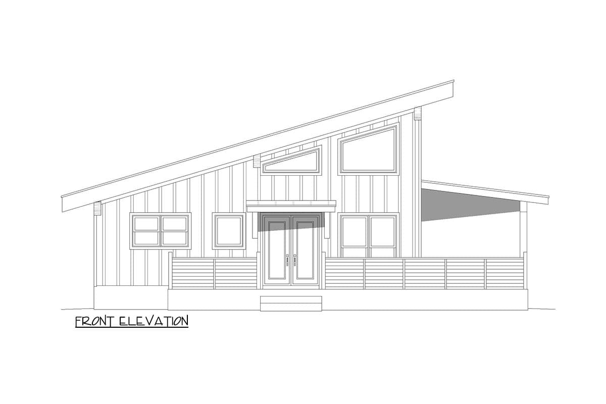 Front elevation drawing of a house with a prominent shed roof, double doors, and a wraparound porch with horizontal railings.