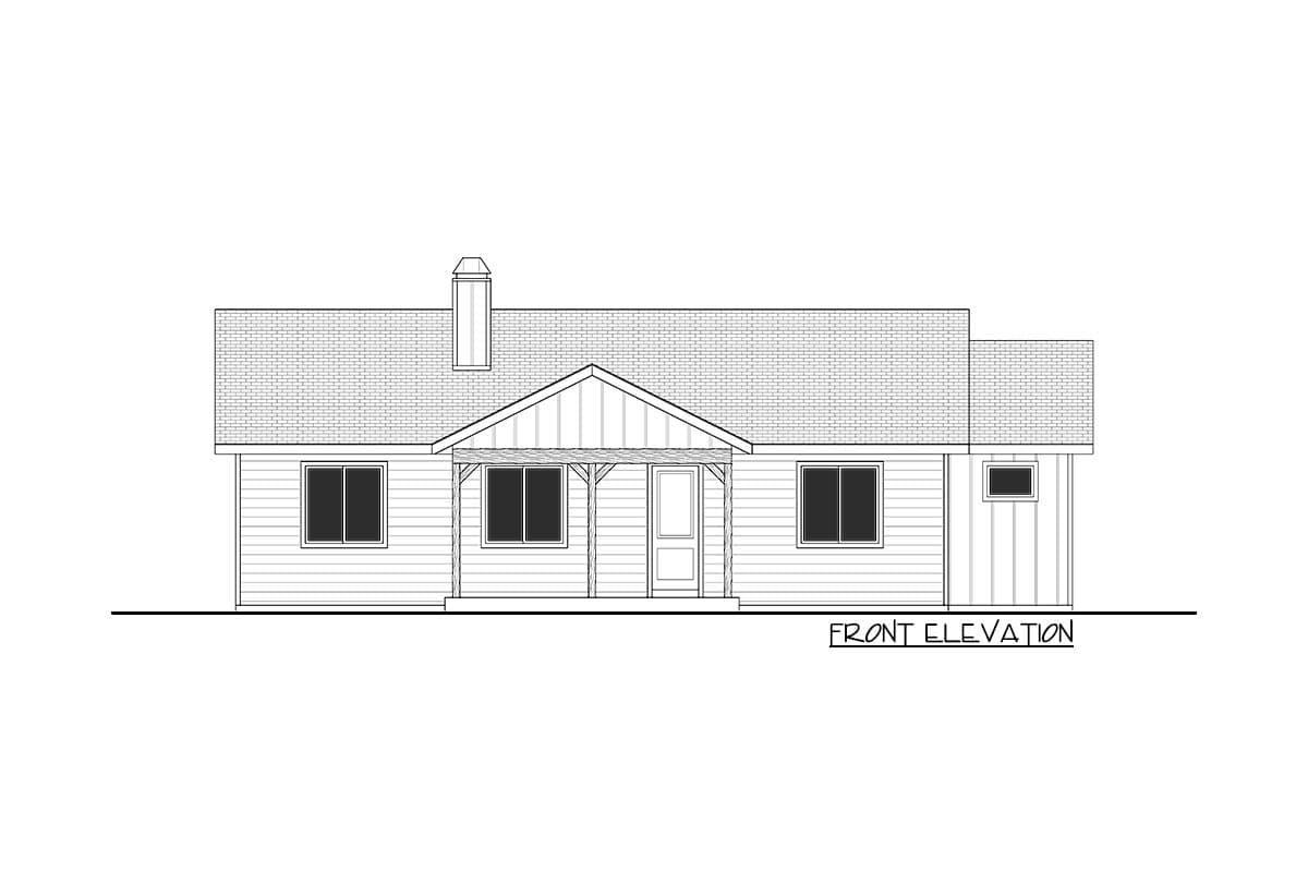 Front elevation drawing of a one-story house plan with a covered front porch, gable, and chimney.