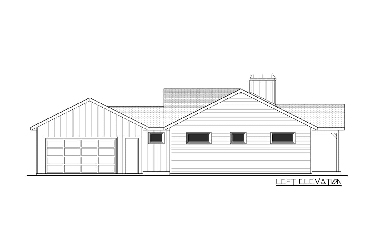 Left elevation house plan featuring a garage, gabled rooflines, horizontal siding, and a chimney.