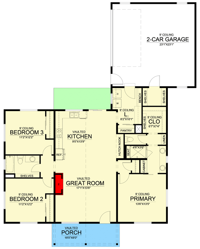 Plan 365041PED: 3 Bed Center-Vaulted House Plan Just Over 1500 Square Feet - Floor Plan - Main Level - Cabin, Cottage, Country, Craftsman, Ranch, Rustic