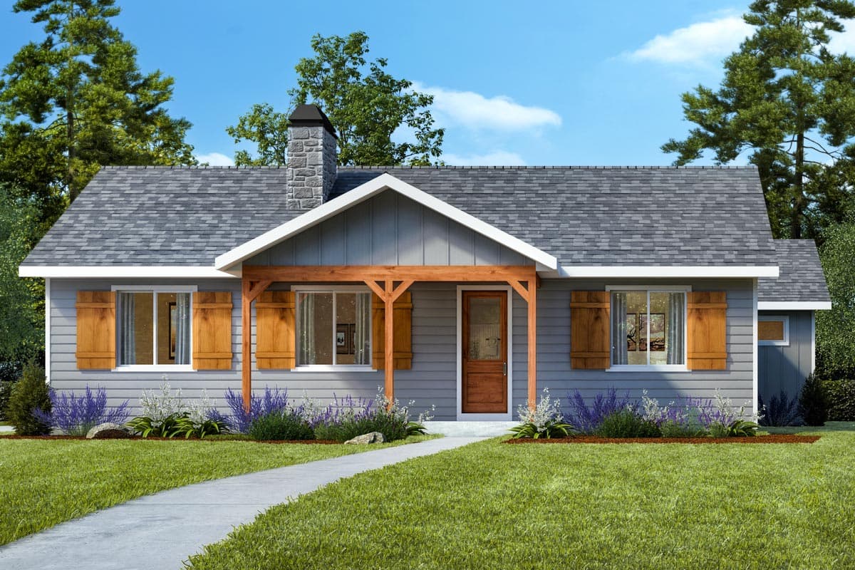 House plan exterior. Ranch style with a single story, wood porch supports, gabled roof, and stone chimney.