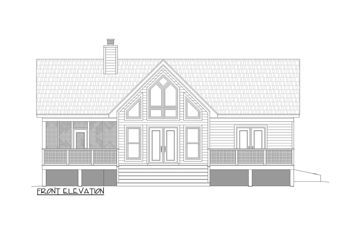 Front elevation house plan: Gable roof, large A-frame windows, covered porch, and double doors.