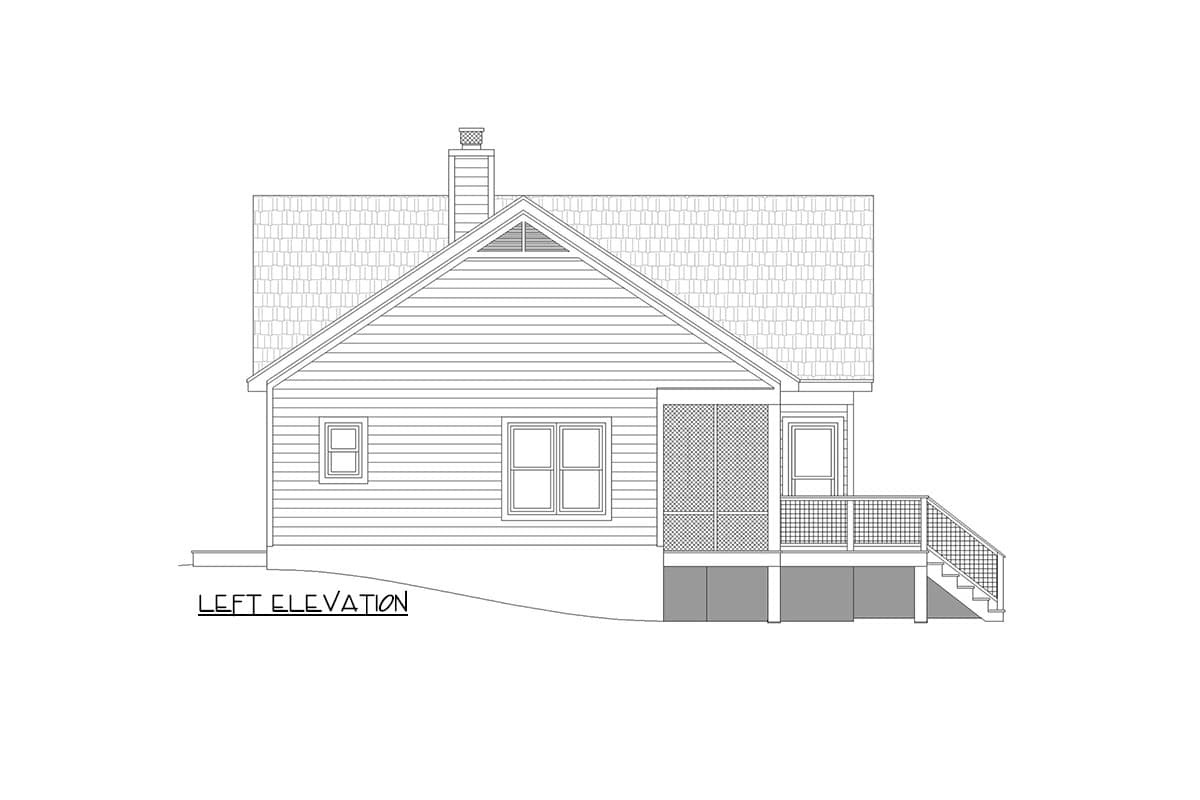 Left elevation of a house plan showing a gable roof, chimney, screened porch, and stairs.