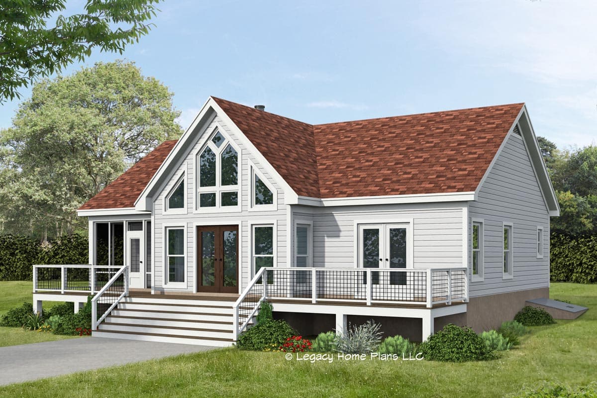 House plan exterior with gable roof, elevated porch, and large triangular window. Features include a side entrance and a deck with railings.