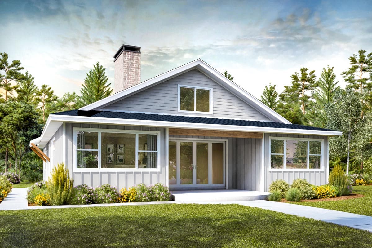 House plan exterior with board and batten siding, gabled roof, and brick chimney. Features include a covered porch with exposed timber beam detail.