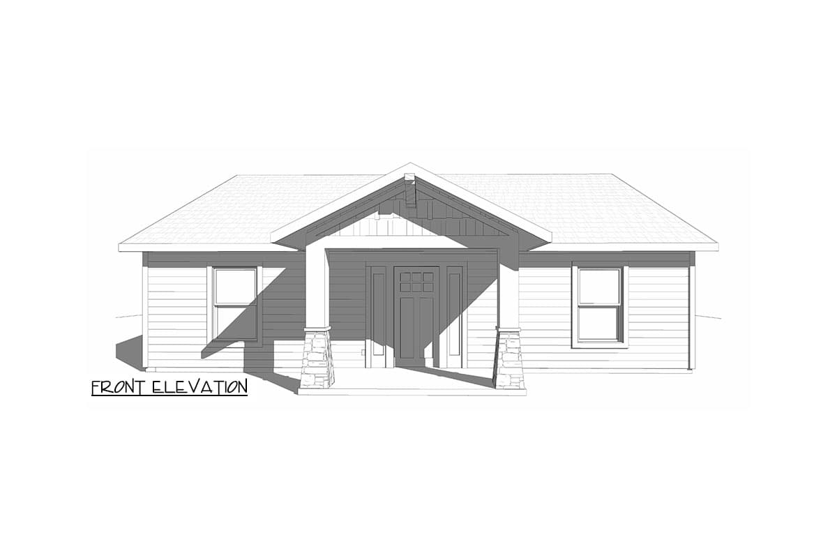 Front elevation of a single-story house plan with a covered porch supported by stone-clad columns and a prominent gable.
