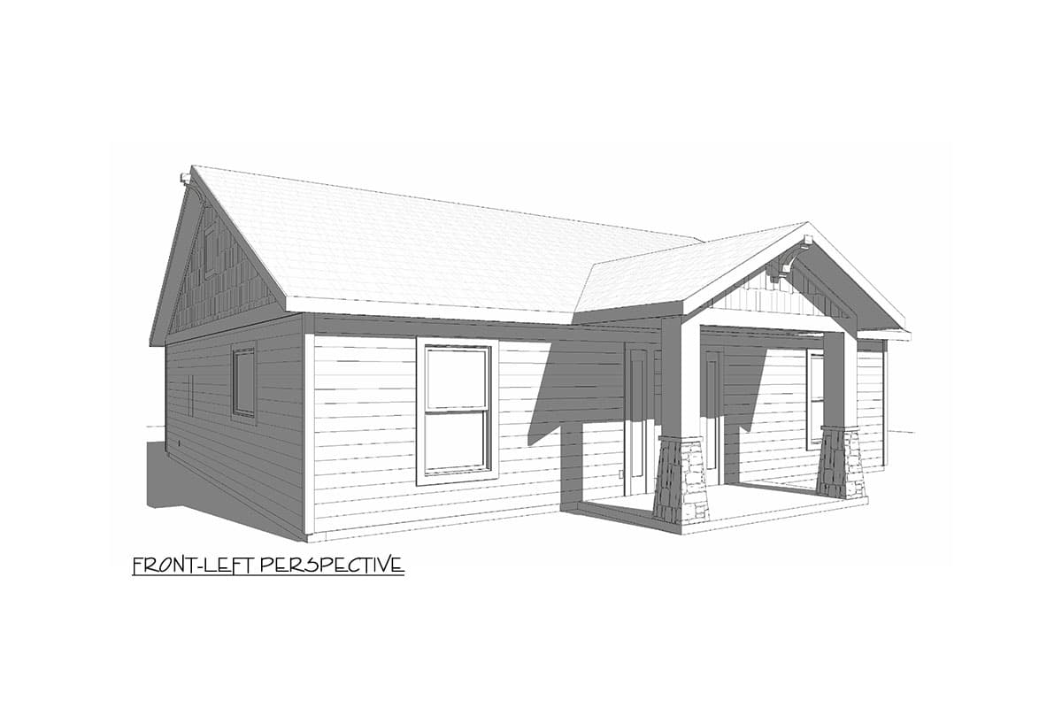 House plan exterior, one story, showcasing a front-facing gable with decorative trim, stone-clad porch columns, and horizontal siding.