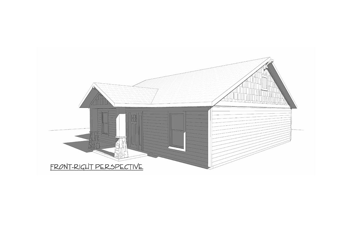 House plan exterior, front-right perspective. One-story home with a gabled roof, shingle siding detail, and stone-clad porch columns.