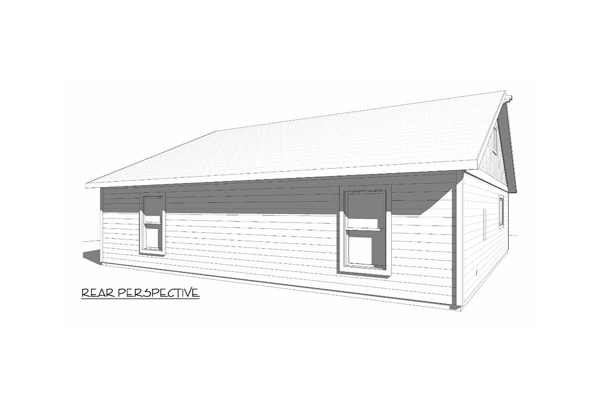 House plan exterior, rear perspective. Single-story structure with horizontal siding, gable end with decorative trim, and two windows.
