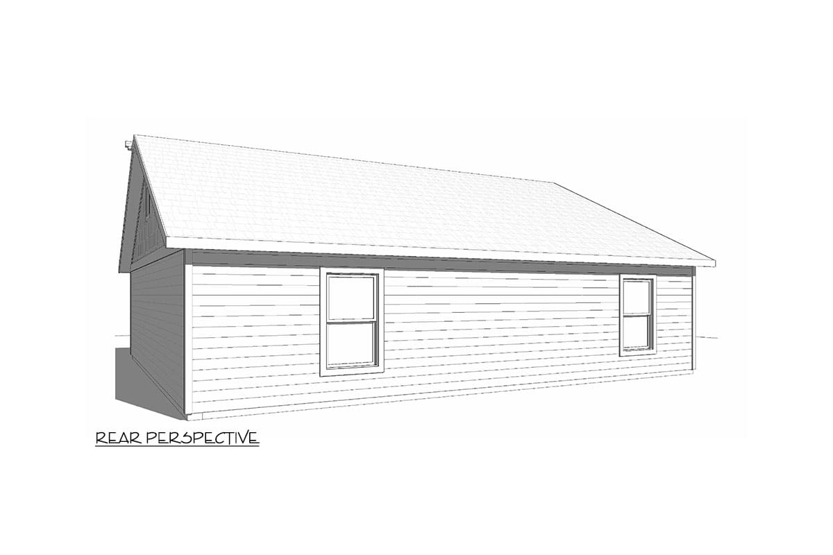 Rear perspective of a house plan showing horizontal siding, a gable end, and two windows.