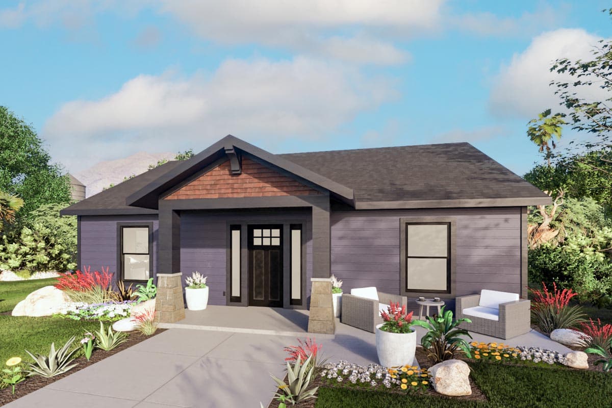 House plan exterior. One-story Craftsman home with a gabled roof, covered front porch, and exposed rafter tails. Features include a front entry door.